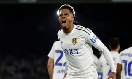 Georginio Rutter celebrates after Crysencio Summerville’s goal for Leeds against Norwich in the second leg of last season’s Championship playoff semi.