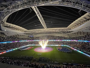 Flames leap around a World Cup trophy replica prior to the match between France and Australia at Al Janoub Stadium in Qatar.