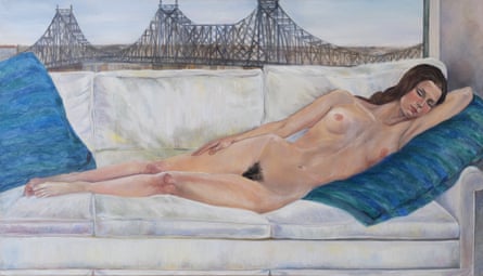 Sylvia Sleigh, The Bridge (Johanna Lawrenson), 1963. Painted female nude reclines on a sofa with a suspension bridge behind her