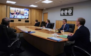 British Foreign Secretary Dominic Raab, deputising for Prime Minister Boris Johnson, takes part in a remote G7 meeting.