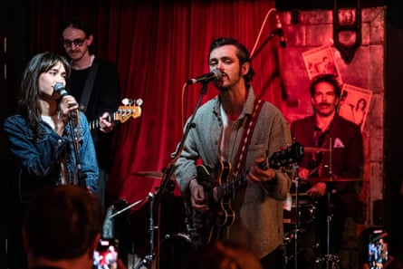 Lucy Karczewski, Zachary Hart, Jack Riddiford and Chris Stack in the West End production of Stereophonic.