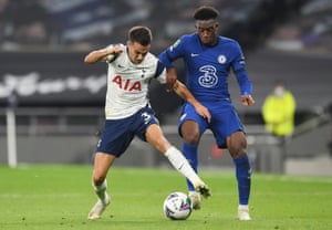 Tottenham Hotspur’s Sergio Reguilón in action with Chelsea’s Callum Hudson-Odoi.