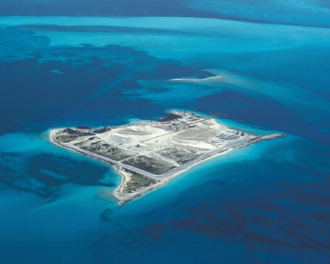 Aerial view of Bimini Islands, a small sandy island surrounded by turquoise Bahamian waters