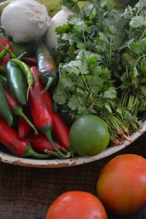 Tomato, peach and caper salsa ingredients.