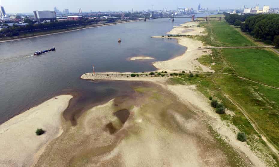 An aerial view shows dried out areas of the Rhine river in Cologne, Germany.