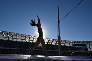 Canada’s Anicka Newell cheers as she competes in the women’s pole vault.