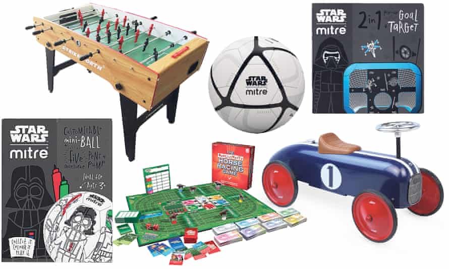 From left: Mitre Star Wars scriball - customisable mini-ball, Strikeworth free-kick table football, The Really Nasty Horse Racing Game, Mitre Star Wars Stormtrooper football, Retro Sports Car Push Car for toddlers, Mitre Star Wars 2 in 1 goal target.