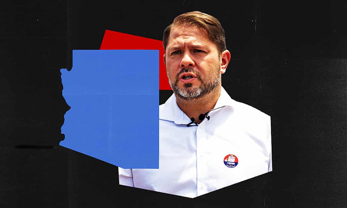 Design image of Ruben Gallego alongside an Arizona-shaped blue graphic