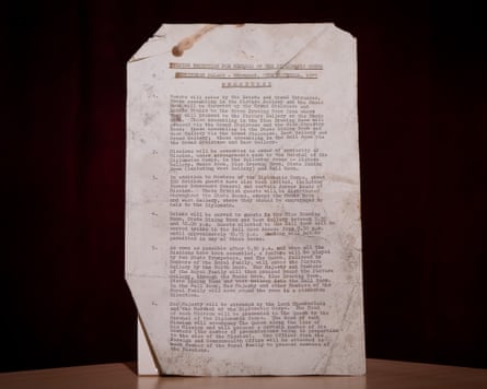Typed instructions for royal household staff for the 1977 Silver Jubilee Diplomatic Corps reception