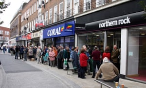 Queues at a Northern Rock branch in Kingston upon Thames after shares plunged in 2007