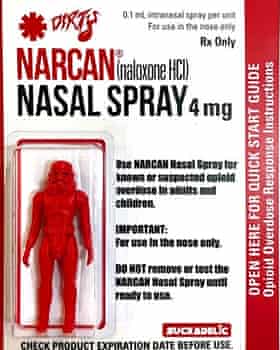 A figurine inspired by Narcan nasal sprays, an antidote to Fentanyl, designed by Sucklord and Dirty magazine.