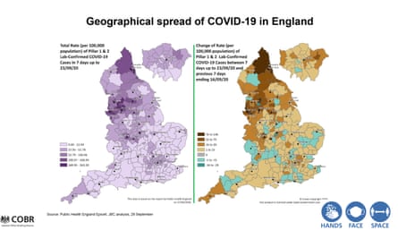 Slide presented to Wednesday’s briefing showing geographical spread of Covid-19 in England.