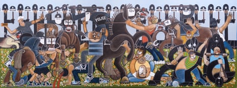 An oil on canvas painting of cartoon-style people fighting with police officers, with horses in the mix and a line of police officers holding batons and riot shields in the background