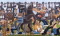 An oil on canvas painting of cartoon-style people fighting with police officers, with horses in the mix and a line of police officers holding batons and riot shields in the background