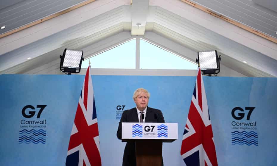 Boris Johnson speaks at a press conference on the final day of the G7 Summit in Carbis Bay, Cornwall.