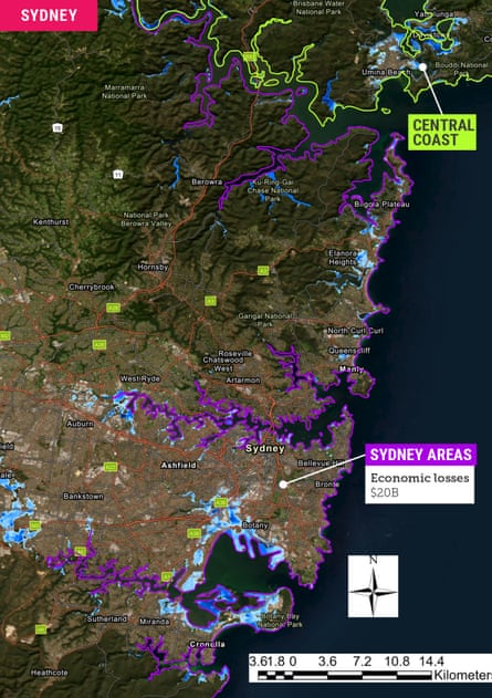 A map showing coastal areas at risk in NSW and the projected economic damage A map showing coastal areas at risk in NSW and the projected economic damage