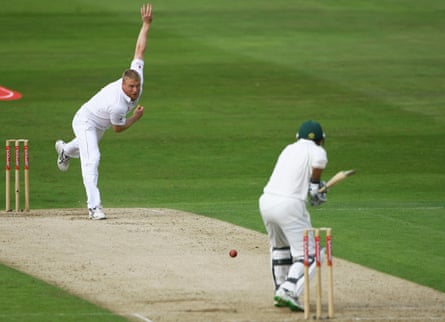 Andrew Flintoff of England bowls to Neil McKenzie of South Africa during day one of the second Test at Headingley in 2008.