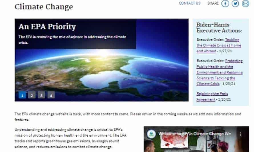 The climate change webpage of the Environmental Protection Agency website, which was relaunched on 18 March 2021.