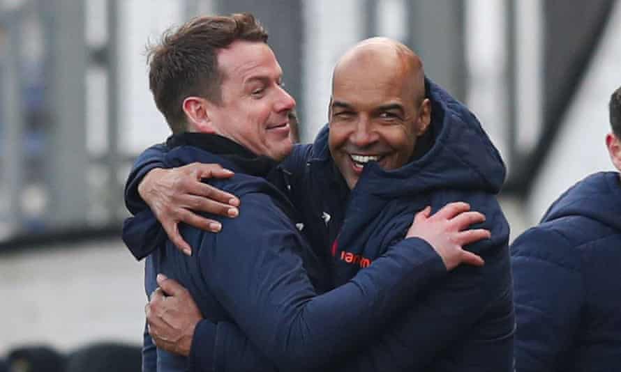Andy Preece celebrates with Chorley’s manager Jamie Vermiglio after the third-round win over Derby.
