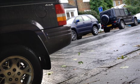 SUVs, sports vehicles, 4x4s in residential street (Dulwich, south London)