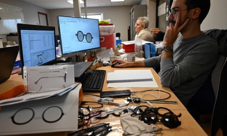 An employee of the French eyeglass manufacturer Thierry designs a new acetate frame at the company’s factory in Morbier.