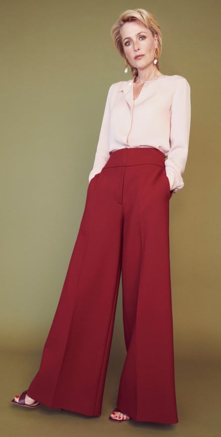 ‘I like to think I am a women’s woman’: GillianAnderson for Winser London silk georgette blouse; stretch wool trousers by Stella McCartney; shoes by Rupert Sanderson and earrings by Alighitheri.