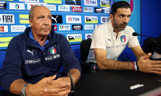 Coach Gian Piero Ventura and team captain Gianluigi Buffon at the Italian team’s press conference on Sunday.