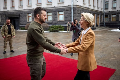 Ukraine's President Volodymyr Zelenskiy welcomes European Commission President Ursula von der Leyen in Kyiv on Thursday.