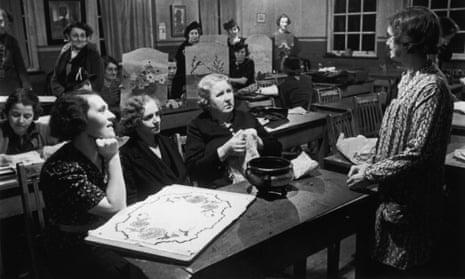 Women attending an evening class in embroidery and needlework, Wigan, Lancashire, November 1939. 