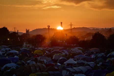 Sunset over Glastonbury Festival from the Park area