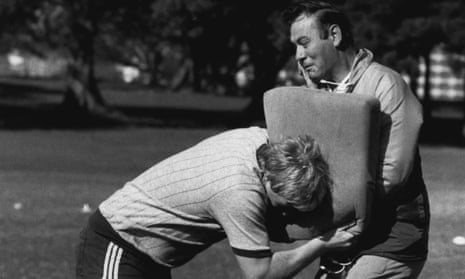 Great Britain full-back Mick Burke during tacking practice with his coach Frank Myler in 1984.