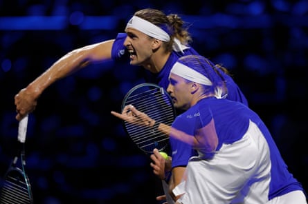 Alexander Zverev of Team Europe serves in his singles match with Learner Tien of Team World.