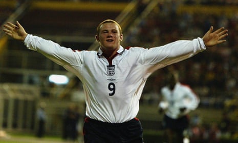 Wayne Rooney celebrates scoring his first goal for England, in the 2-1 win against Macedonia in 2003, when he was just 17 years old