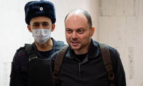 Russian opposition activist Vladimir Kara-Murza being escorted to a hearing in a court in Moscow, Russia, on 8 February 2023