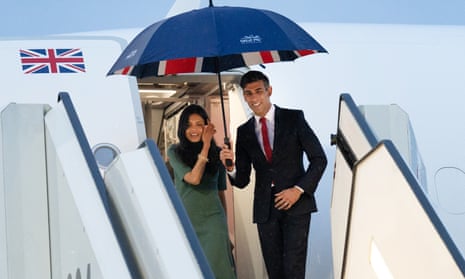UK Prime Minister Rishi Sunak and his wife Akshata Murty arriving by plane for the G7 Summit.