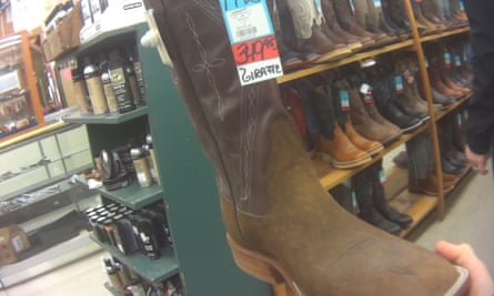 Giraffe hide western boots for sale at Foster’s Western Wear in Texas in January 2018.