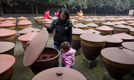 Visitor explore the earthenware jars holding Pixian chilli bean paste as it matures in a factory in Chengdu.