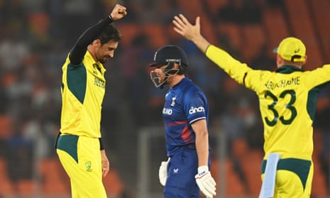 Mitchell Starc of Australia celebrates the wicket of Jonny Bairstow of England.