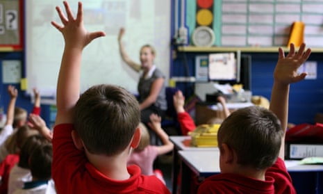 primary school children facing teacher in classroom hands raised