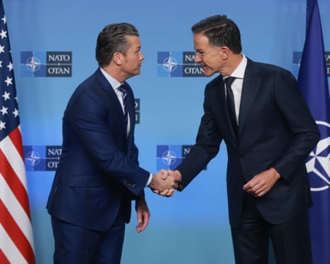 Nato chief Mark Rutte (R) welcomes US defence secretary Pete Hegseth before Nato Ministers of Defence meeting in Brussels, Belgium, 15 October 2025.