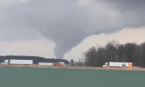 A view shows a tornado moving in Hancock county, Ohio, on Thursday.