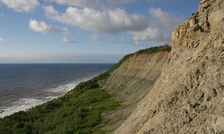 The cliffs in which the fossils were found, on the coast of the White Sea in Russia.
