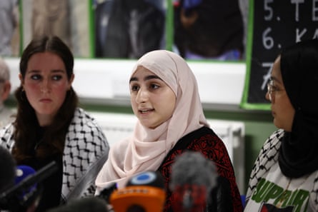 Teuta Hoxha’s sister Rahma at a press conference