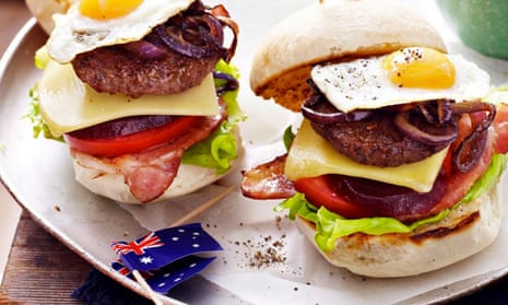 A “burger with the lot”. A burger with eggs, cheese, and all the trimmings which is popular in Australia.