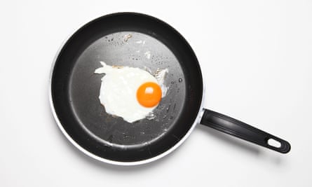 A fried egg in a pan.
