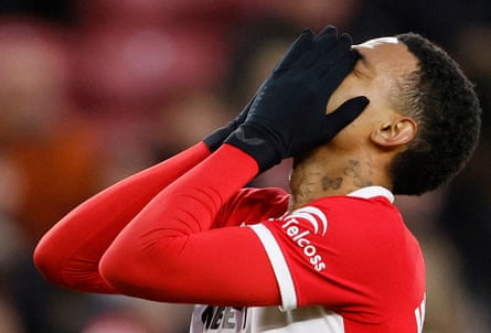 Middlesbrough’s Morgan Whittaker reacts after seeing his shot come off the inside of a post