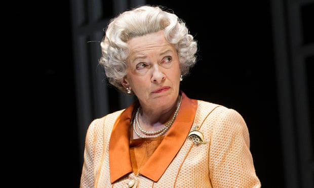 Marion Bailey as the Queen in Handbagged at the Tricycle theatre (now the Kiln), London, in 2013.