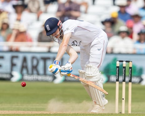England Men Harry Brook blocks a yorker from New Zealand Will O'Rourke.
