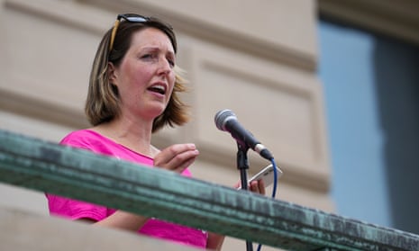 Dr Caitlin Bernard speaks during an abortion rights rally on 25 June 2022, at the Indiana statehouse in Indianapolis. 