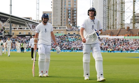 Jimmy Anderson and Stuart Broad leave the field at the end of play on day three of the 5th Ashes Test at the Kia Oval on 29 July 2023.